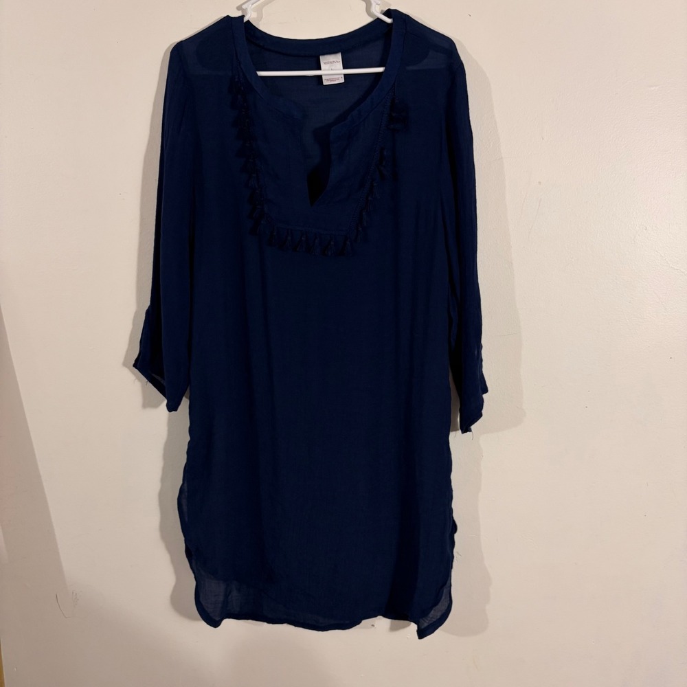Merona Tunic Top Womens Large Navy Blue  Tassel Trim Split Neck GAUZE